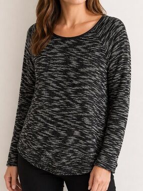 Dex Black White Marled Knit Top Faux Leather Trim Back Zip Size L